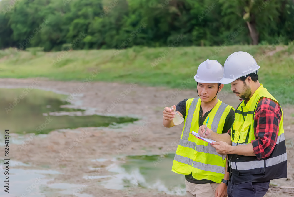 Two of environmental engineer stand next to a well while holding an experiment tube that fill with the water sample and check water quality and contaminants in the water source. Two of environmental engineer stand next to a well while holding an experiment tube that fill with the water sample and check water quality and contaminants in the water source.