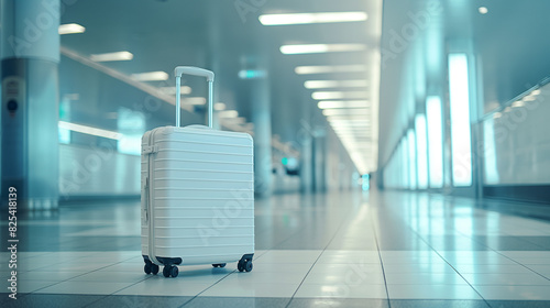 Uma mala de viagem branca é colocada no corredor do aeroporto photo