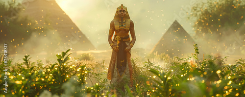 Osiris, god of the afterlife, standing tall with a sacred ankh in hand, surrounded by lush greenery and the pyramids of Giza A mystical fog adds an aura of mystery to the scene 3D render