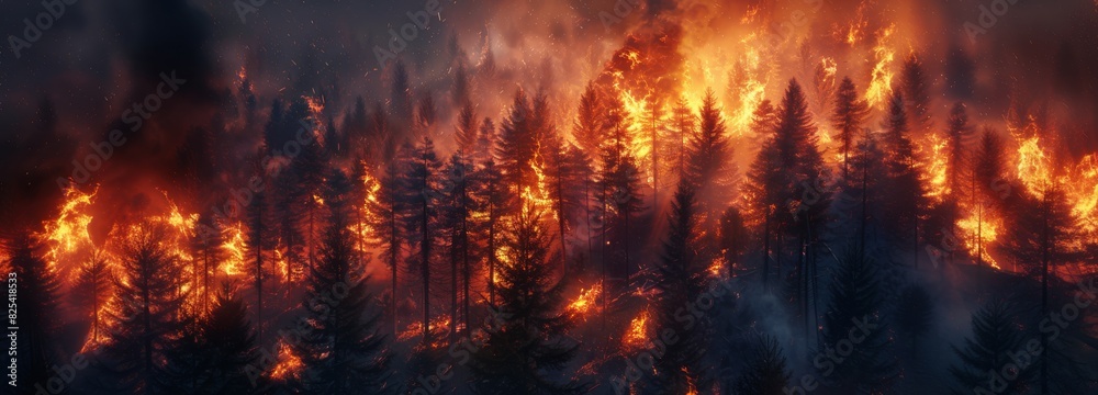 A forest wildfire with intense flames engulfing trees, creating a dramatic and dangerous scene of destruction. Forest wildfire with intense flames Banner with copy space