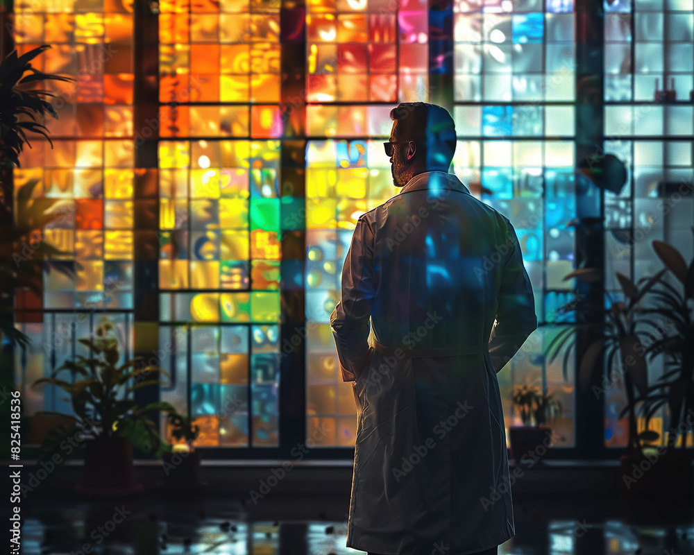 Fototapeta premium Scientist, lab coat, pushing boundaries of science and ethics, exploring how extended lifespans alter societal norms and values 3D render, Backlights, Chromatic Aberration