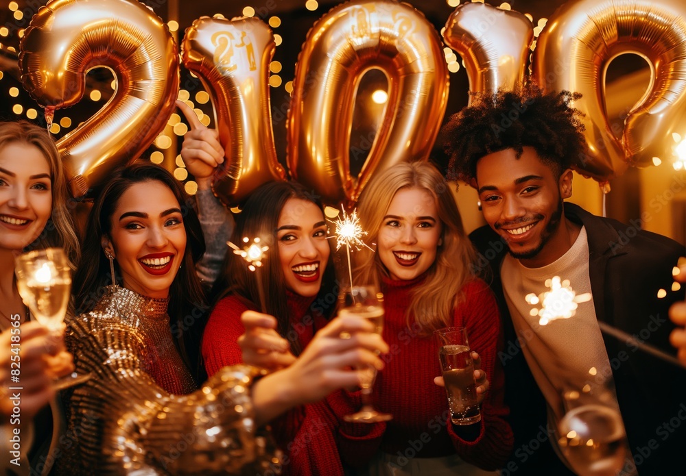 Obraz premium A diverse group of friends joyfully celebrate the New Year at a glamorous party with champagne and sparklers, making memories filled with laughter and excitement under the glowing lights