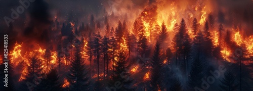 A forest wildfire with intense flames engulfing trees  creating a dramatic and dangerous scene of destruction. Forest wildfire with intense flames Banner with copy space