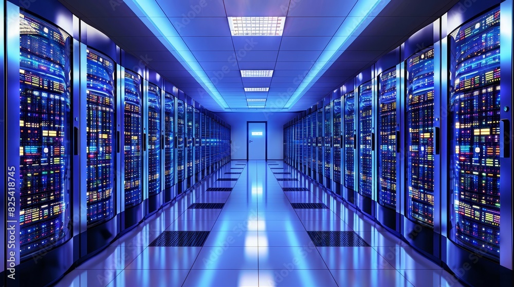 A high-tech server room with rows of blinking server racks under blue LED lighting, symbolizing data management and storage. A high-tech server room with rows of blinking server racks under blue LED lighting, symbolizing data management and storage.