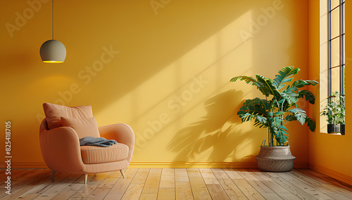 Fototapeta Naklejka Na Ścianę i Meble -  Modern wooden living room with an orange armchair on empty yellow wall background,Minimal room- 3D rendering
