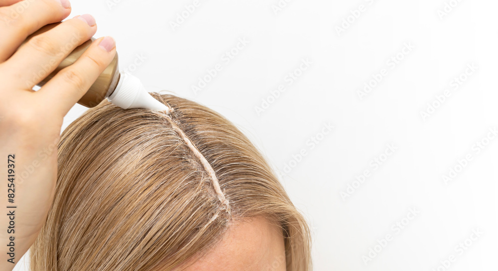 Design Middle Age Woman Applies Scalp Peeling, Scrub on Head Skin, Hair. Dandruff. Caucasian Female Holds Tube with Purifying and Soothing Cosmetics Product. Horizontal Copy Space For Text. Template Design Middle Age Woman Applies Scalp Peeling, Scrub on Head Skin, Hair. Dandruff. Caucasian Female Holds Tube with Purifying and Soothing Cosmetics Product. Horizontal Copy Space For Text. Template