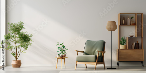 Living room style minimal with green armchair on empty white wall background- 3D rendering 