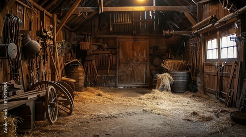 A rustic barn filled with traditional farming tools like scythes, plows, and wooden yokes, illustrating agricultural history. photo