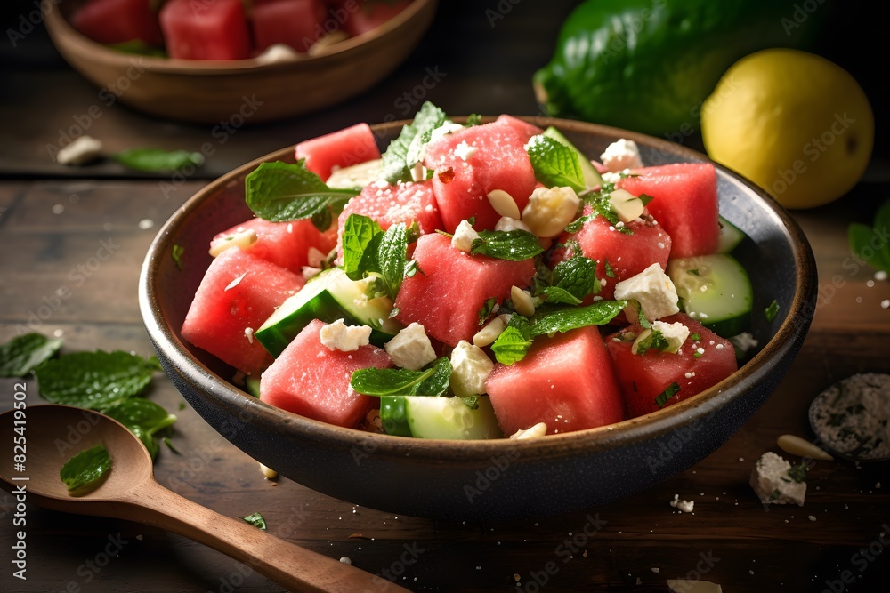 Fresh watermelon and feta salad with arugula and mint. Fresh watermelon and feta salad with arugula and mint.