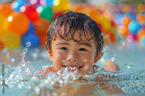 Smiling child swimming in a pool with colorful balloons in the background.