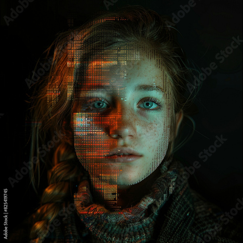 portrait of a girl  in the style of digital and glitchy  conceptual minimalism  contrasting balance  stereoscopic