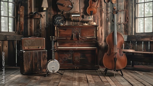 A traditional folk music setting with instruments like a banjo, fiddle, and harmonica on a rustic wooden stage.