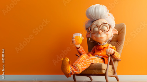 Imagen 3D de una abuela en una silla tomando un zumo photo