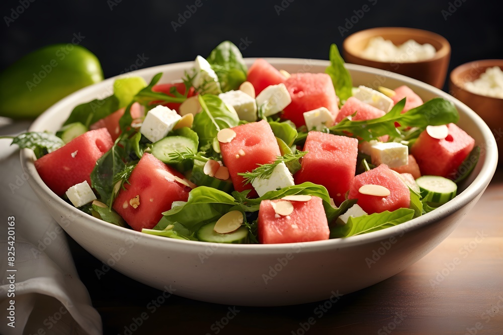 Fresh watermelon and feta salad with arugula and mint. Fresh watermelon and feta salad with arugula and mint.