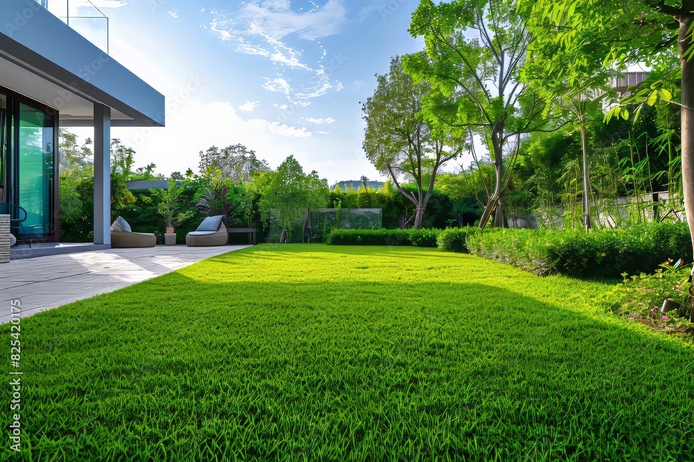 Manicured Green Lawn in Front of House Manicured Green Lawn in Front of House