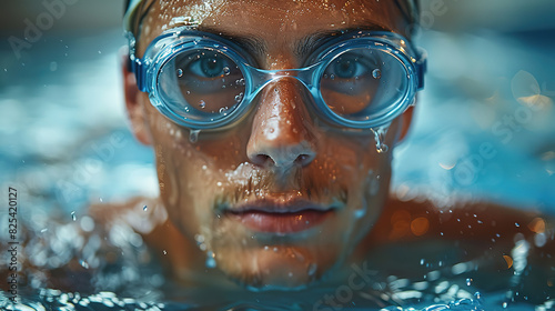 Portrait of a swimmer in swimming goggles, in motion.
