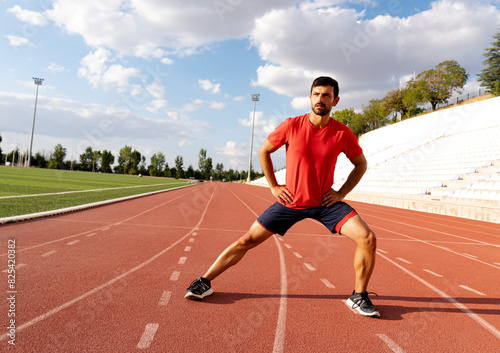 Athlete warming up by stretching before exercise. man doing stretching exercises before exercise