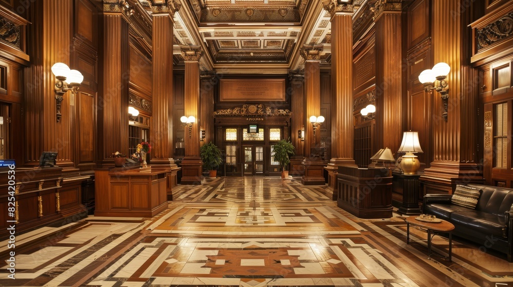 Fototapeta premium Vintage Bank Interior with Ornate Wood Paneling