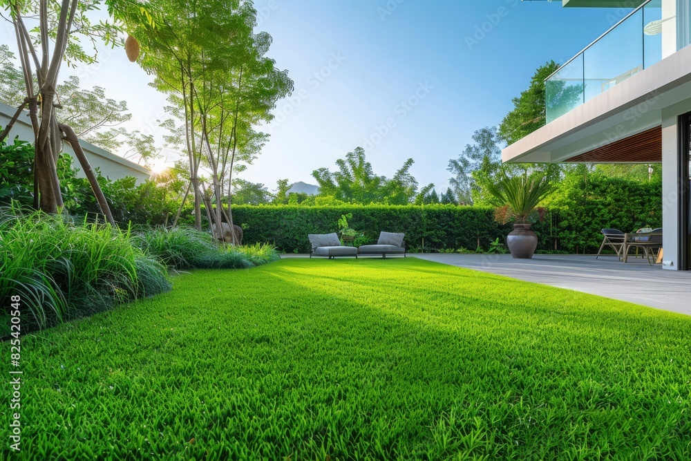 Fototapeta premium Lush Green Lawn Next to House