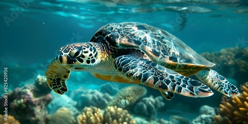Hawksbill sea turtle Eretmochelys imbricata swims over Yap Island reef. Concept Animal, Sea turtle, Hawksbill, Eretmochelys imbricata, Yap Island reef photo