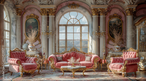 Classic living room in Rococo style with pink and gold color scheme and antique furniture. Luxurious palace interior with Rococo design elements and exquisite decor. photo