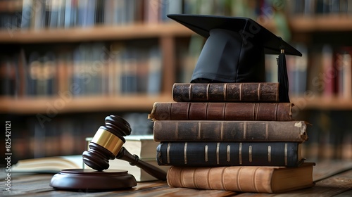 Gavel and Graduation Cap on Law Books Symbolizing Legal Expertise and Academic Achievement