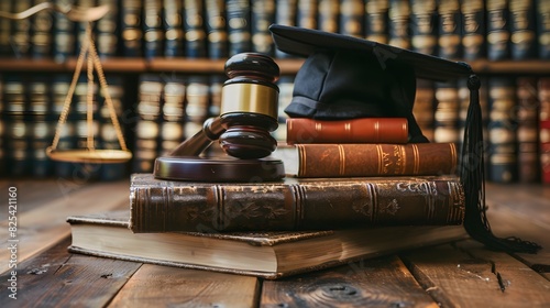 Gavel and Graduation Cap on Law Books Symbolizing Legal Expertise