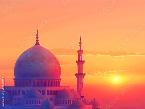 Geometric Dome of a Warm and Inviting Mosque against a Sunset Gradient photo