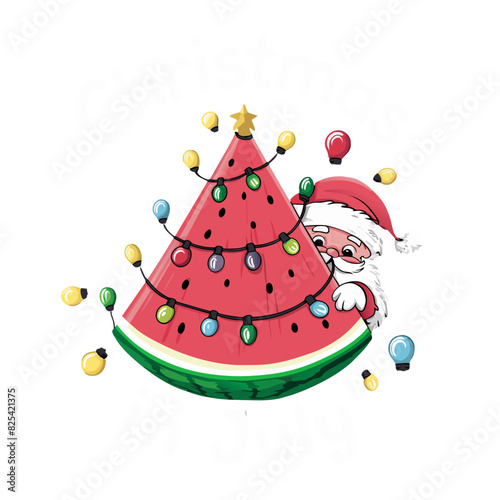 A playful  Santa Claus peeking from behind a watermelon slice adorned with Christmas lights and a star. Christmas in July
