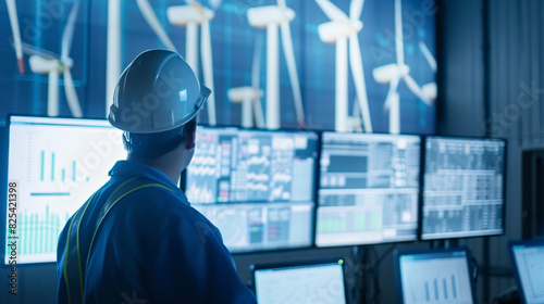 An engineer works in the control room of a wind power plant, monitoring turbines and adjusting settings. The focus and precision ensure efficient and reliable renewable energy production..