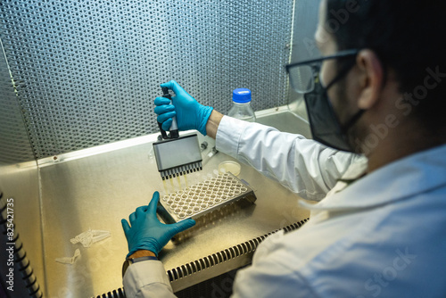 Man working with pipettes and samples at a laboratory. photo