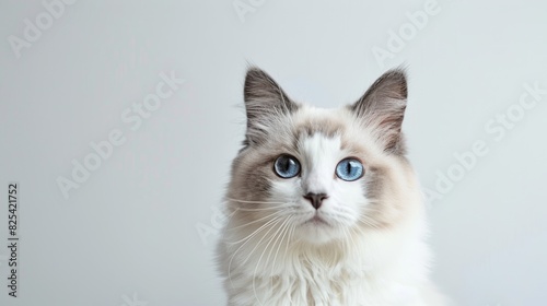 Bicolor Ragdoll cat with dark blue eyes sitting upright and staring at the camera on a white backdrop