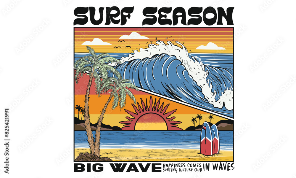 Obraz premium Surfing culture club print design. Sunshine tropical beach artwork. Palm beach vibes artwork. Big wave print design for t shirt print, sticker, background and other uses. Happiness comes in wave.