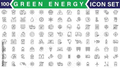 Set of green energy thin line icons. Icons for renewable energy, green technology. Design elements for you projects. Vector illustration