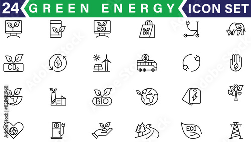 Green energy icon set. Collection of renewable energy, ecology and green electricity icons. Vector illustration
