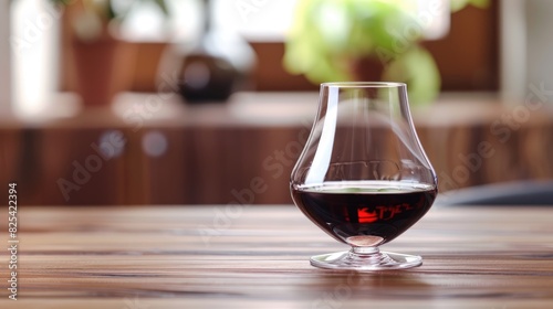A vessel made of glass that is typically round and tulip shaped intended for capturing and improving the scent of wine with its size and shape tailored to suit the specific wine being serve photo
