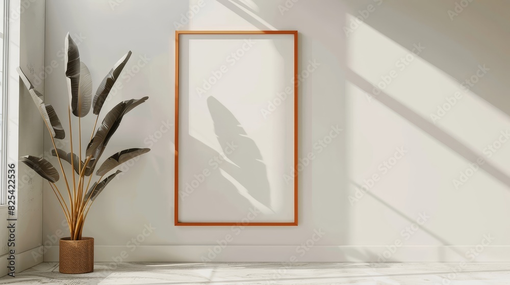 Picture frame mockup on a pristine white wall with an orange theme accent (copy space, home decor, realistic, Multilayer, contemporary bedroom backdrop) Picture frame mockup on a pristine white wall with an orange theme accent (copy space, home decor, realistic, Multilayer, contemporary bedroom backdrop)