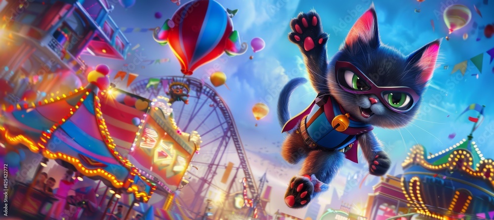 Cat Superhero Zooming Through Carnival - Festive, Joyful, Vivid Art for Posters, Cards, Digital Prints Cat Superhero Zooming Through Carnival - Festive, Joyful, Vivid Art for Posters, Cards, Digital Prints