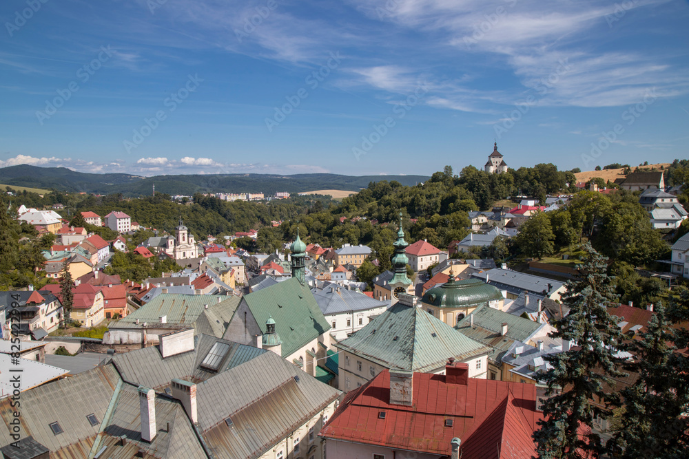 City roofs with mountain range backdrop in Banska Stiavnica in Slovakia