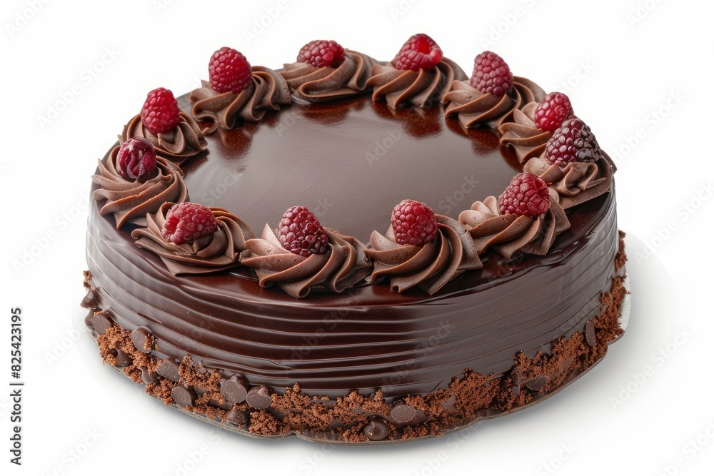 Elegant chocolate cake with glossy ganache and fresh raspberries isolated on a white background