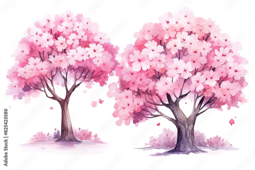 illustration watercolor spring pink cherry blossom tree collection set, grungy texture aquarelle on white background