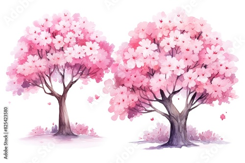 illustration watercolor spring pink cherry blossom tree collection set  grungy texture aquarelle on white background
