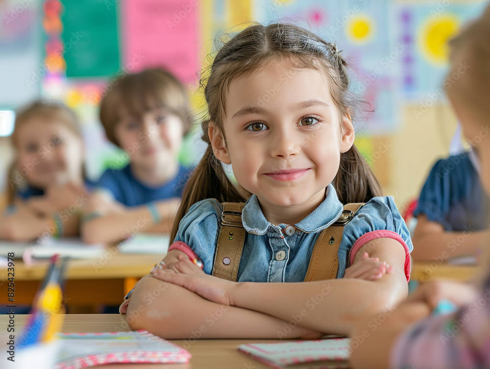 A smiling girl sitting in a classroom with friends, showcasing a joyful and engaging learning environment. A smiling girl sitting in a classroom with friends, showcasing a joyful and engaging learning environment.