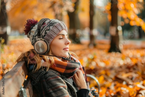 Relaxing Autumn Vibes  Woman Listening to Music on a Park Bench   Perfect for Seasonal Prints and Posters