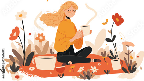 Vector of a girl enjoying a picnic alone in spring
