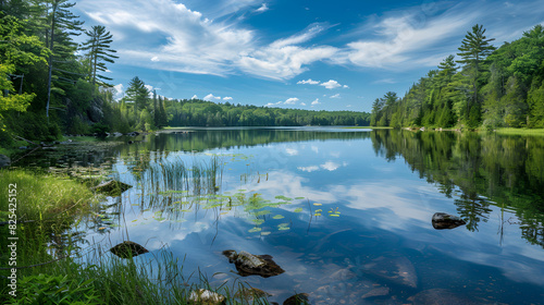 Serene Lakeside Landscape Viewed from an Oblique Angle Featuring Lush Greenery and Reflective Waters © Dorothy