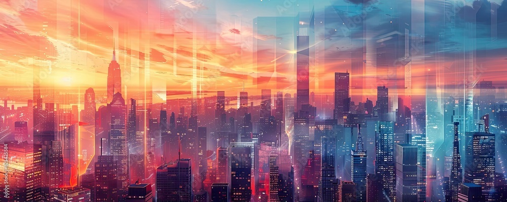 Vivid cityscape at twilight, featuring a stunning blend of colorful skyscrapers and futuristic architecture bathed in the glow of sunset.