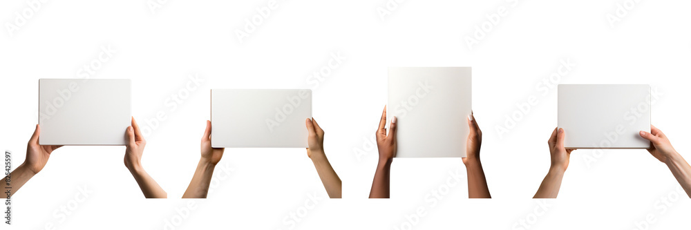 set of A close-up of a hand holding a blank book, screen side on a transparent background set of A close-up of a hand holding a blank book, screen side on a transparent background