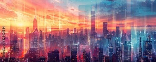 Vivid cityscape at twilight, featuring a stunning blend of colorful skyscrapers and futuristic architecture bathed in the glow of sunset.