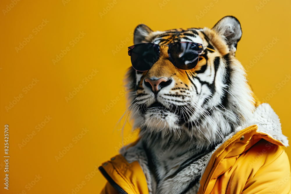 A tiger wearing sunglasses and a yellow jacket